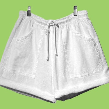 High Waisted Shorts White Vintage 90s Cotton Drawstring Elastic Waist High Rise Wide Leg Loose Fit Cuffed Minimal Simple Plain Small 