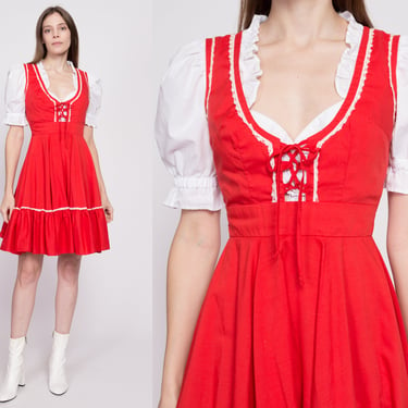 70s Partners Please Red Dirndl Square Dance Dress - XS to Small | Vintage Malco Modes Fit & Flare Boho Folk Mini Dress 