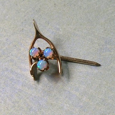 Antique 10K Gold Wishbone Stick Pin With Opals, Gold Wishbone Stick Pin With Opals, 10K Gold Wishbone Lapel Pin (#4372) 