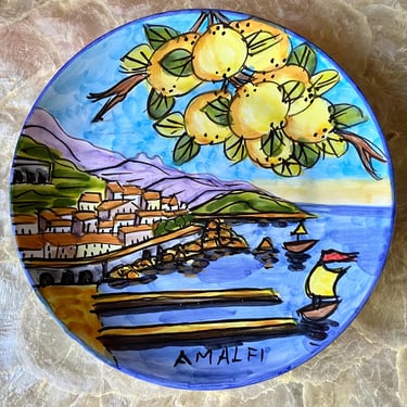 Vintage Vietri Dip Amano Pottery 8’’ Plate  Amalfi Sea Coast Hand Painted Italian Plate-  Lemons & Seascape Plate~ Signed Italy Artist 