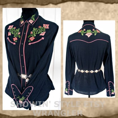 Wrangler Vintage Western Retro Women's Cowgirl Shirt, Rodeo Blouse, Black with Embroidered Pink Flowers, Approx. XLarge (see meas. photo) 