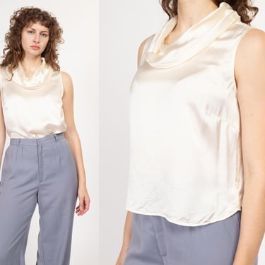 Medium 90s Ivory Silk Satin Cowl Neck Top | Vintage Minimalist Sleeveless Cropped Blouse 