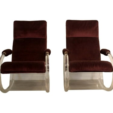 Mid Century Modern Pair of Charles Hollis Jones Lucite Upholstered Rocking Chair 