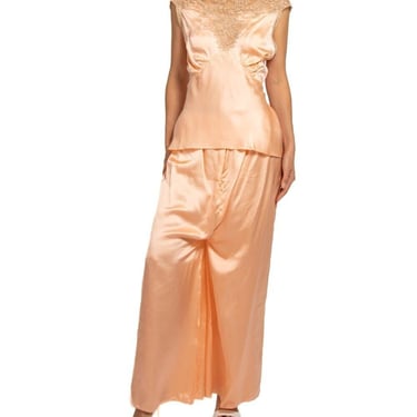 1940S Blush Pink Bias Cut Rayon Satin Lounge Pajamas With Lace Trim At Top And Bottoms 