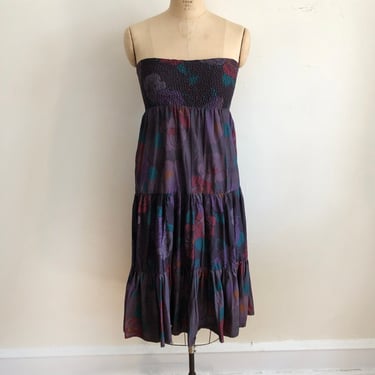 Purple Floral Print Strapless Dress with Textured Bodice - 1970s 