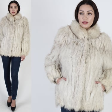 Vintage 80s SAGA Fox Fur Coat / Natural Plush White Arctic Fox / Shaggy Corded Velvet Inlay / Apres Ski Coat With Pockets 