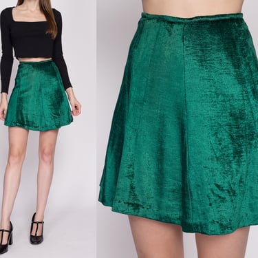 Small 60s Green Velvet Mini Skirt 26" | Vintage Jewel Tone High Waisted A Line Flowy Skater Miniskirt 