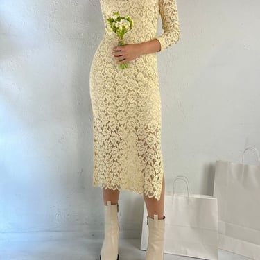 90s Cream Lace Long Sleeve Wedding Midi Dress / Small 