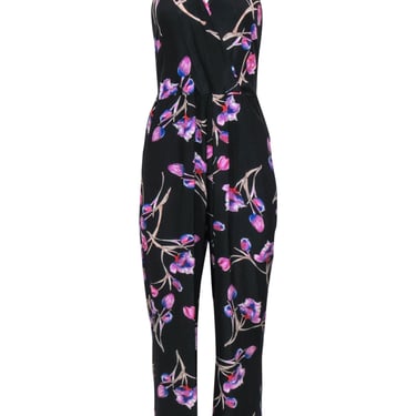 Yumi Kim - Black, Purple &amp; Blue Floral Print Halter Silk Jumpsuit Sz L