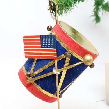 Vintage  Patriotic Drum with Flag Christmas Ornament, Retro Holiday Decor, Original Paper Label 