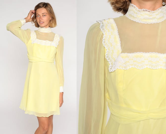 Yellow Chiffon Dress 70s Mini Dress Retro Pastel Lace Bib Mock Neck High Waisted Long Sheer Sleeve Girly Kawaii Vintage 1970s Extra Small xs 
