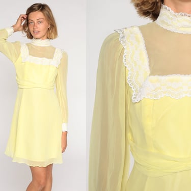 Yellow Chiffon Dress 70s Mini Dress Retro Pastel Lace Bib Mock Neck High Waisted Long Sheer Sleeve Girly Kawaii Vintage 1970s Extra Small xs 