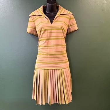 green and tan mod dress 1960s drop waist pleated skirt frock medium new old stock 