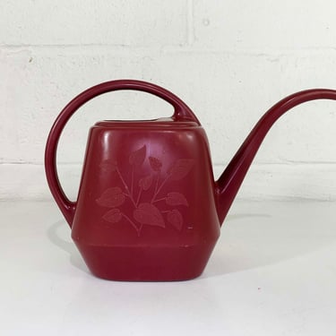 Vintage Burgundy Plastic Watering Can Flowers Leaves Mid-Century Colorful Home Decor Garden Plants 1980s 1990s Maroon Plant 