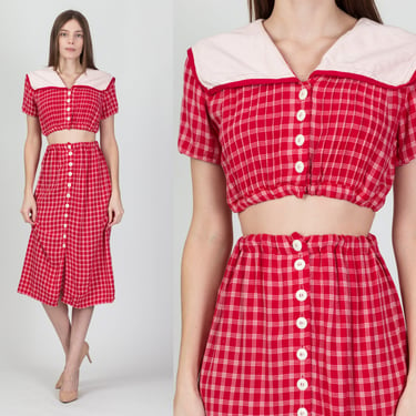 Vintage 80s Does 30s Red Gingham Skirt Set - Extra Small | Sailor Collar Cropped Blouse & High Waist Midi Skirt Two Piece Outfit 