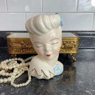 Vintage Lady Head Vase | Blue and Gold Glamour Girls Style Pinup Art Deco Lady head Vase | Betty Grable style Planter Vase Hand Painted 