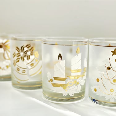 Vintage Christmas glassware by Culver, 4 White & gold Christmas drinking glasses, Double old fashioned cocktail glasses, Holiday barware 