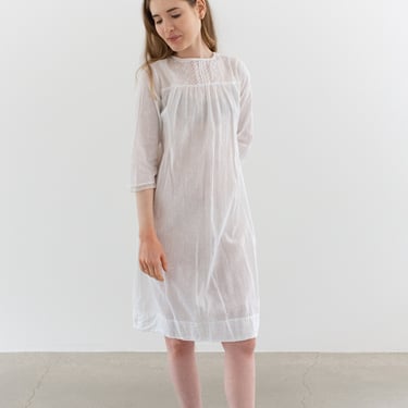 Vintage White Cotton Checkered Semi Sheer Dress | Antique Lace Summer Nightgown | XS | 