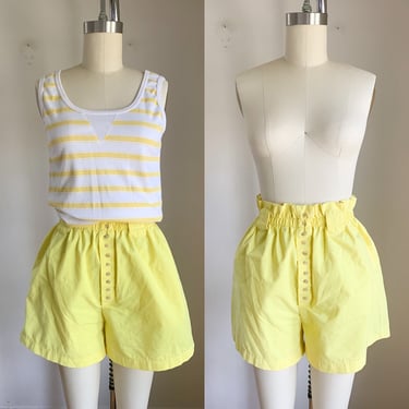 Vintage 1980s Lemon Yellow Paper Bag Waist Shorts / M 