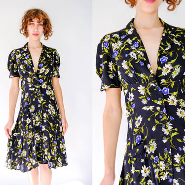 Vintage 90s Betsey Johnson Black Botanical Floral Print Rayon Empire Waist Button Up Dress | Grunge, Streetwear, Boho | 1990s Designer Dress 