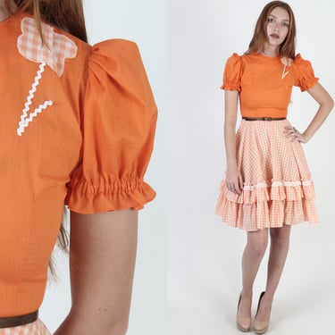 Pumpkin Gingham Square Dance Dress / Vintage 70s White Checker Print Dress / 70s Checkered Picnic Outfit / RicRac Country Fair Mini Dress 