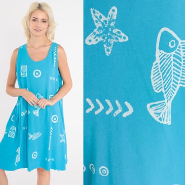 Fish Print Dress 90s Sundress Blue Beach Dress Tropical Petroglyph Print Mini Sun Dress Shift Sleeveless Bright Vintage 1990s Extra Large xl 