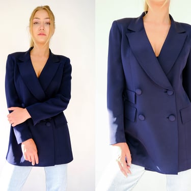 LILY SAMII San Francisco Haute Couture Navy Blue Silk Double Breasted Power Blazer | 100% Silk | Boxy Fit | 2000s Y2K Designer Silk Jacket 