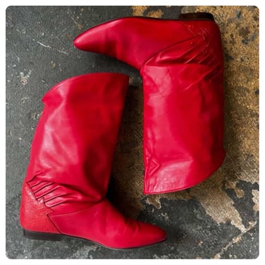 Vintage 80s Cherry Red Fold-Over Cuff Pirate Leather Boots | Rocker Glam | 6.5 