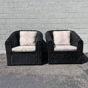 Pair of Black Wicker Armchairs Chairs Woven Bench Boho Chic Seating Coastal Cottage Vintage Seating Miami Glam Boho Chic Beach Bohemian 