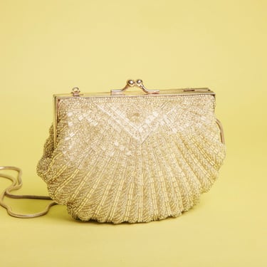 70s Light Silver Evening Beaded Clam Shell Coin Purse Vintage Silver Shoulder Strap Clutch 