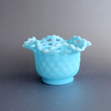 FENTON blue satin basket bowl Vintage candy dish Jam jelly pot Collectible depression glass 