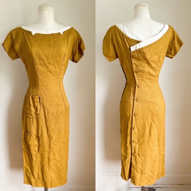 Vintage 1960s Mustard Asymmetrical Wiggle Dress / XS 