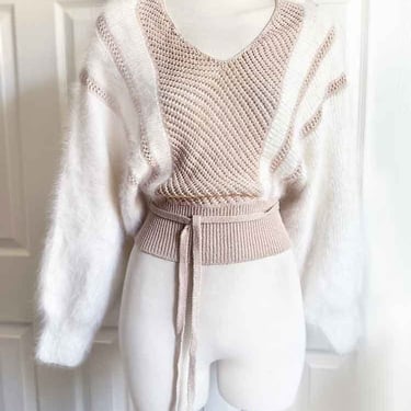 Real Angora Fur Designer Sweater, White Cream Beige Dolman Sleeves, Crochet, 1970's, 1980's Disco Vintage Hippie Pullover 