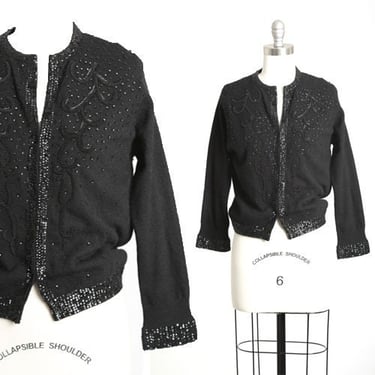 Sequin lambswool cardigan | Vintage 50s black sequin knit cardigan | 1950s Cyn Less angora beaded sweater 