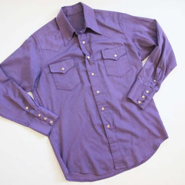 70s Purple Western Pearl Snap Shirt S M  - 1970s Vintage Mens Cowboy Long Sleeve Button Up Shirt - Solid Color 