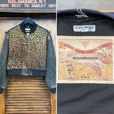 Vintage 1980’s “Guess” Brand Leopard Denim New Wave Bomber Jacket, 80’s Jean Jacket, Vintage Animal Print, Vintage Clothing 