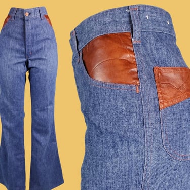1970s denim vinyl bells. Faux leather pleather patchwork bell bottom jeans. Vintage 70s. Joplin hippie boho rock star. (32 x 33) 