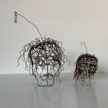 1970s Mid-century Brutalist Abstract  Art  Wire Metal Man  Head  Sculptures - A Pair 