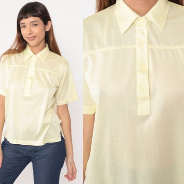 Yellow Polo Shirt -- Vintage 80s Button Up Shirt Pastel Light Yellow Retro Tshirt Collared 1980s Short Sleeve Tee Plain Medium 
