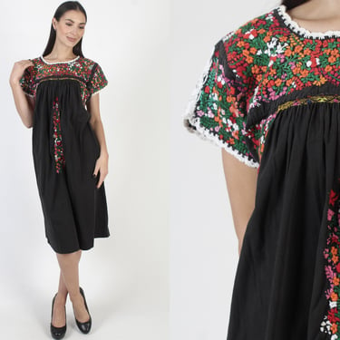 Black Cotton Oaxacan Dress, San Antonio Hand Embroidered Sundress, Traditonal Puebla From Mexico 