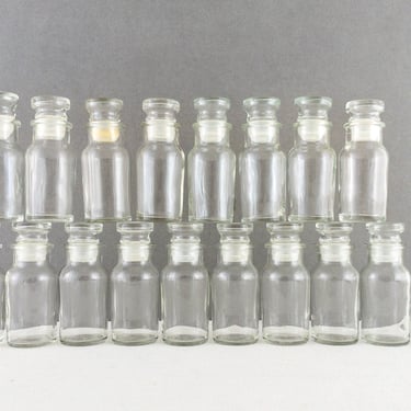Set of 2 Vintage Small Glass Apothecary Bottles Jars, Sold in Sets of Two, Clear Glass Pharmacy Bottles with Glass and Plastic Stoppers 