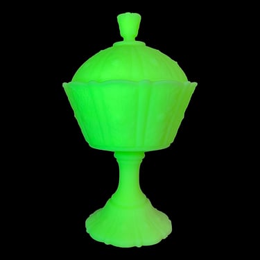 Vintage Fenton Covered Candy Dish Retro 1940s Farmhouse + Light Green + Custard Glass + Compote + Glows Blacklight + Kitchen Storage + Decor 