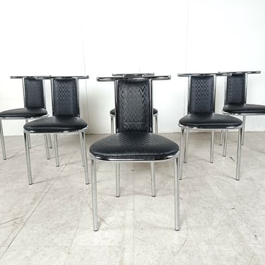 Vintage chrome postmodern dining chairs, 1980s - vintage black dining chairs - vintage design dining chairs - postmodernism chairs 