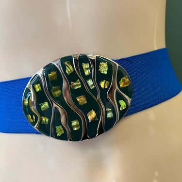 1980s blue elastic stretch belt enamel oval abalone buckle waspie one size 