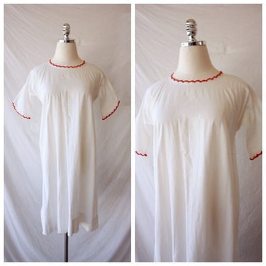 Edwardian Victorian White Cotton Night Shirt with Red Trim 