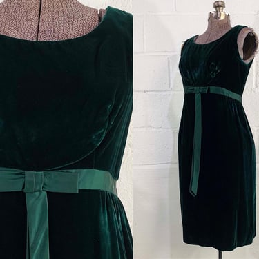 Vintage Forest Green Velvet Dress Bow Belt Sleeveless Boho Party Cocktail Goth Vamp New Year's Eve 1950s 50s 1960s 60s Small XS 