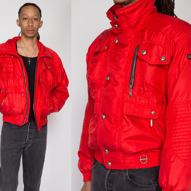 Small 80s Descente Red Quilted Ski Jacket | Vintage Insulated Winter Snowmobile Padded Puffer Coat 