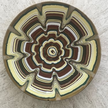 Vintage Ceramic Poured Glaze Platter / Low Dish - 1970s Groovy Floral Abstract Design 