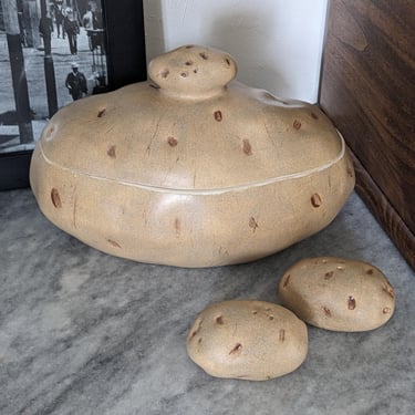 Vintage Ceramic Potato Lidded Serving Dish and Salt and Pepper Shaker Set 