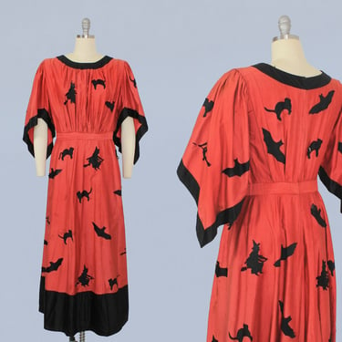 RARE Antique Halloween Dress / 1920s Costume Dress Red Cotton with Angel Sleeves / Black Cats, Witches, Bats 